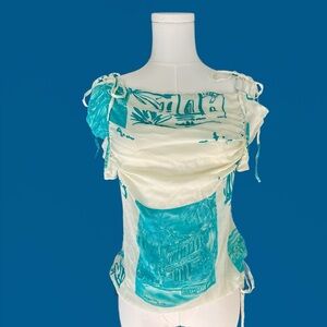 SOLD 🖤 1990s VINTAGE 〰️ Silk Print Gathered Tie Strap Top